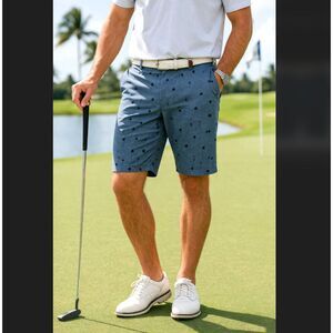 TravisMathew Golf Shorts 36 Blue Palm Tree Print Performance Stretch NWT Pockets